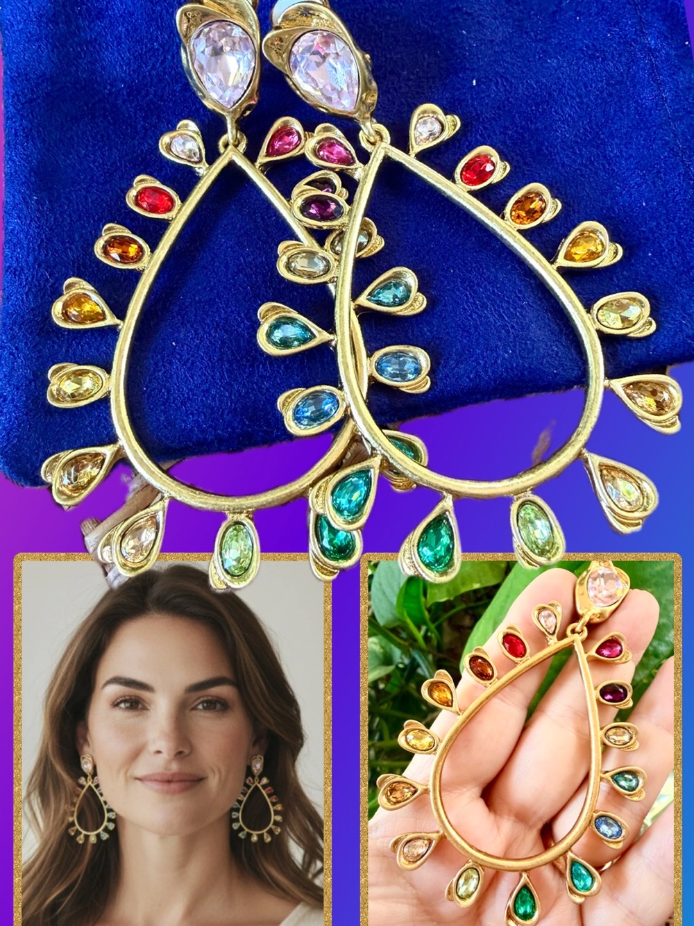 Oscar de la Renta MULTICOLORED GOLD Teardrop Hoop Earrings ⭐️ CLIP ON🩵💚💛🧡❤️🩷 - Picture 9 of 16